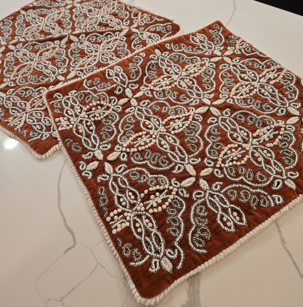 Set Of 2 Artistic Accents Velvet Cotton Embroidered Beaded Throw Pillow Covers